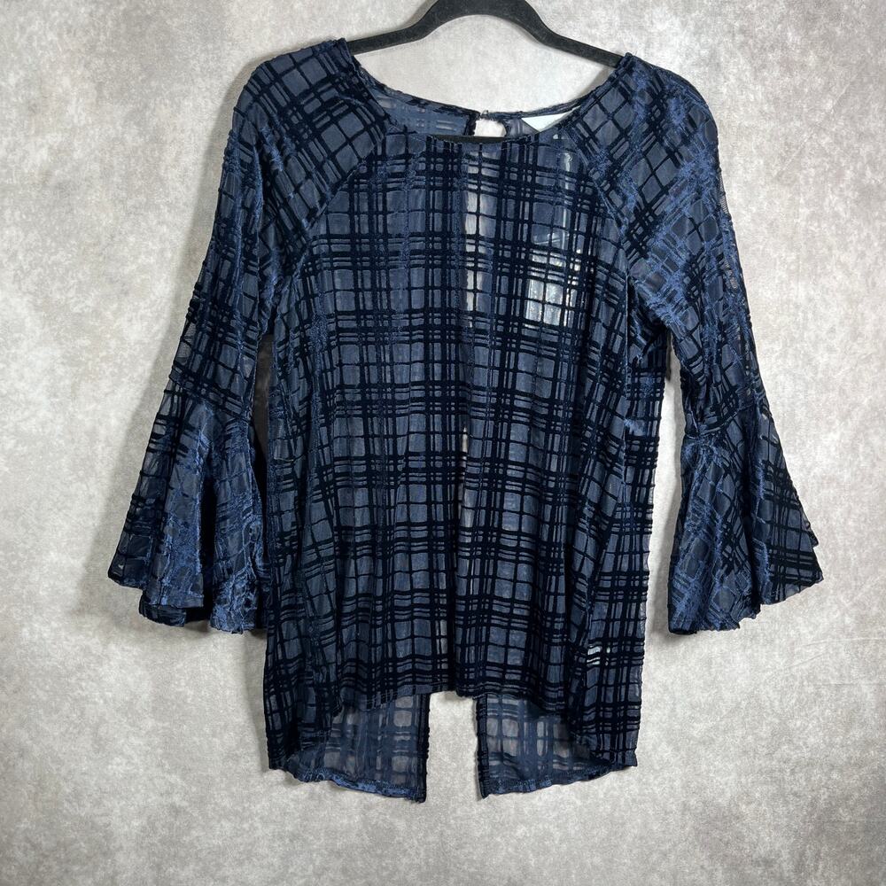 LC Lauren Conrad Runway Blouse Womens Medium‎ Navy Blue Plaid Sheer Bell Sleeve